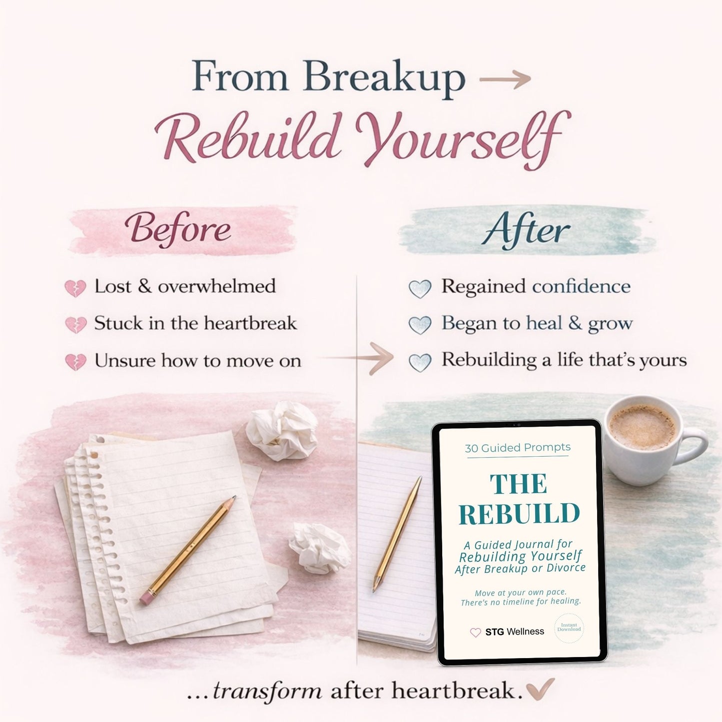 Breakup & Divorce Healing Journal for Women | Guided Self-Reflection, Emotional Healing, Rebuilding After Relationship | The Rebuild Journal | Digital Download | Fillable and Printable
